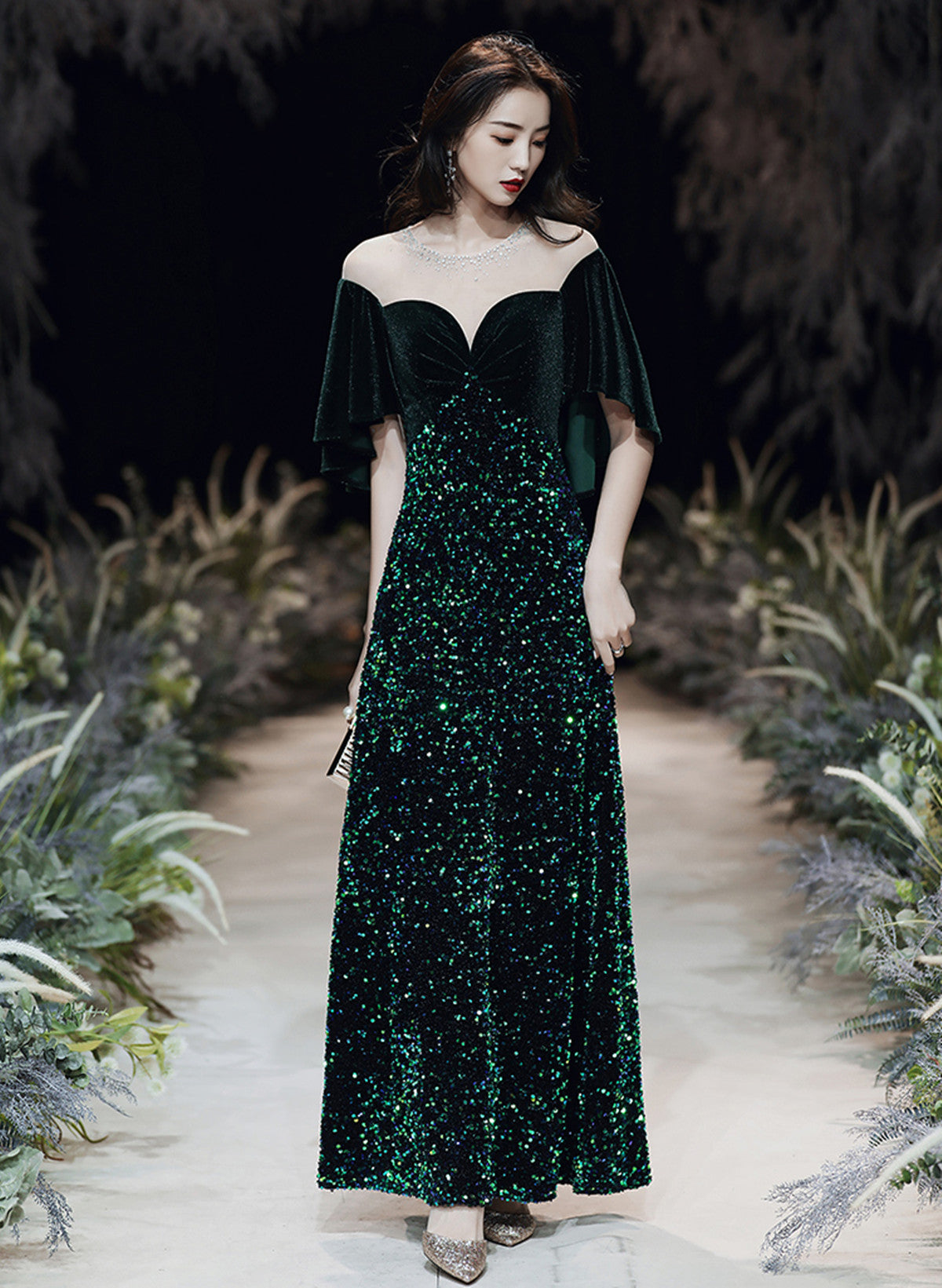 Dark Green Velvet and Sequins Mermaid Long Prom Dress
