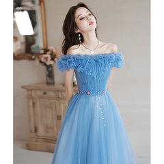 Blue Off Shoulder Beaded A-line Floor Length Party Dress