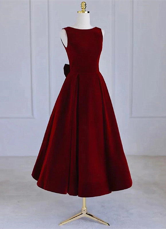 Wine Red Tea Length Velvet Party Dress with Bow