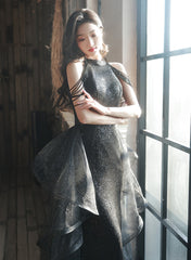 Black Halter Sequins and Tulle Long Party Dress