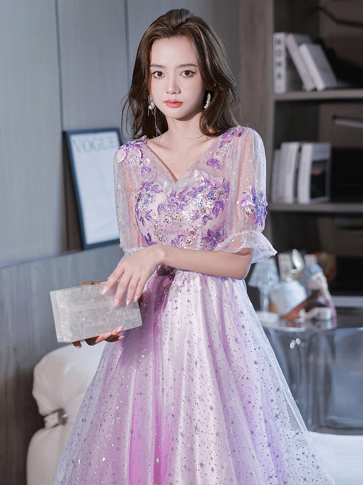 Lovely Light Purple High Low Tulle with Lace Party Dress