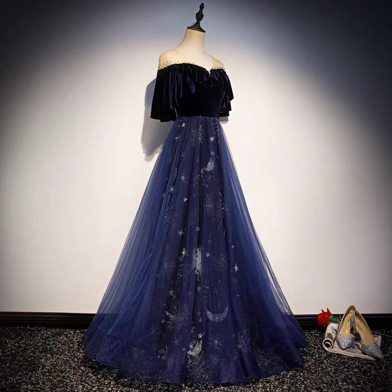 Blue Tulle with Velvet Long Party Dress