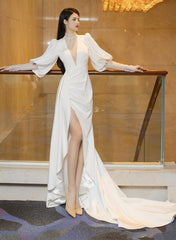 Beautiful White Puffy Sleeves Long Party Dress with Leg Slit