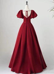 Vestido de fiesta rojo vino de manga corta, corte A y largo hasta el suelo 