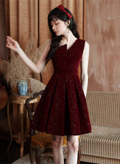 Vestido de fiesta corto de terciopelo rojo vino Vestido de regreso a casa 