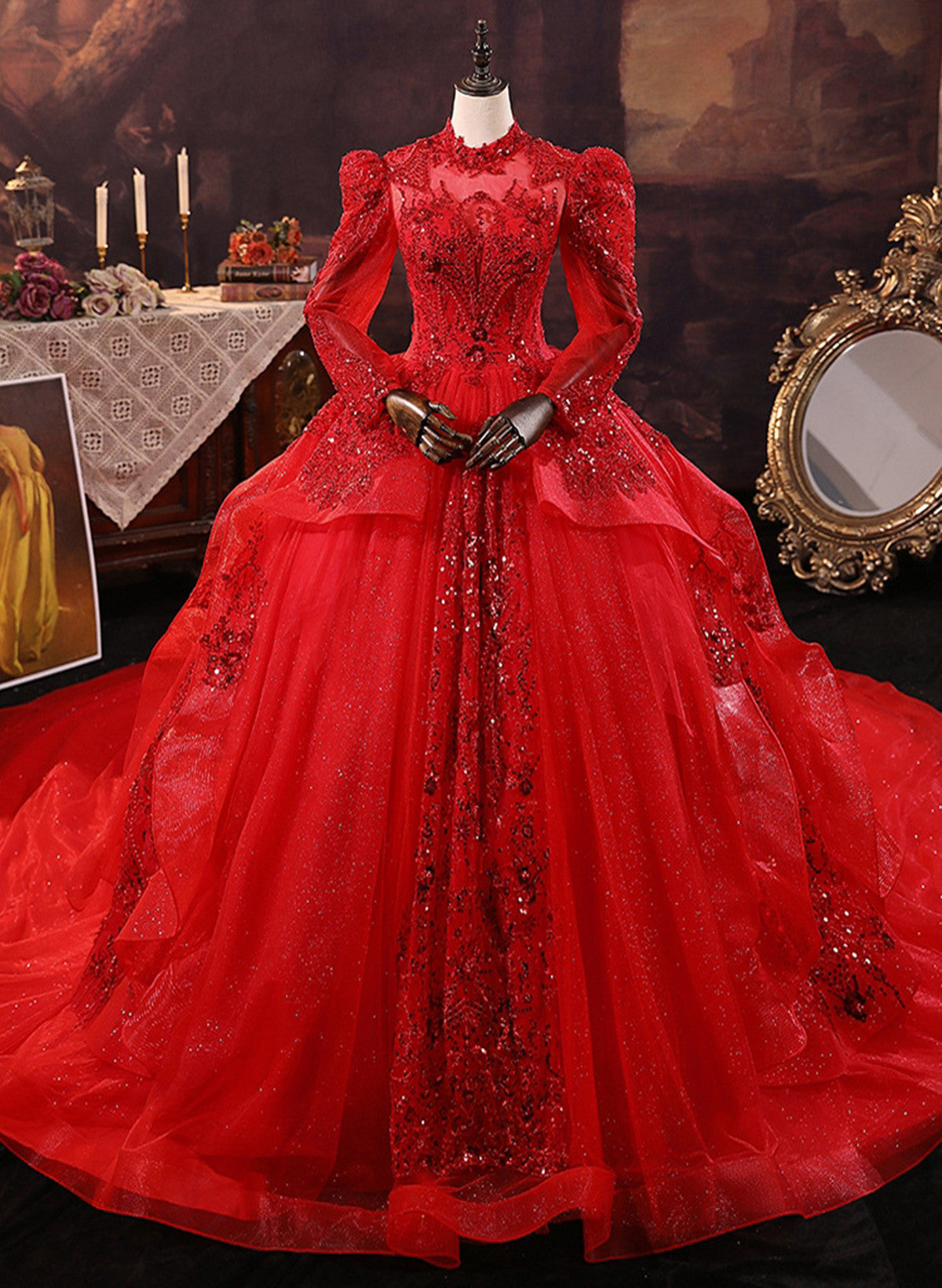 Vestido de fiesta de boda de tul rojo con mangas largas y lentejuelas 