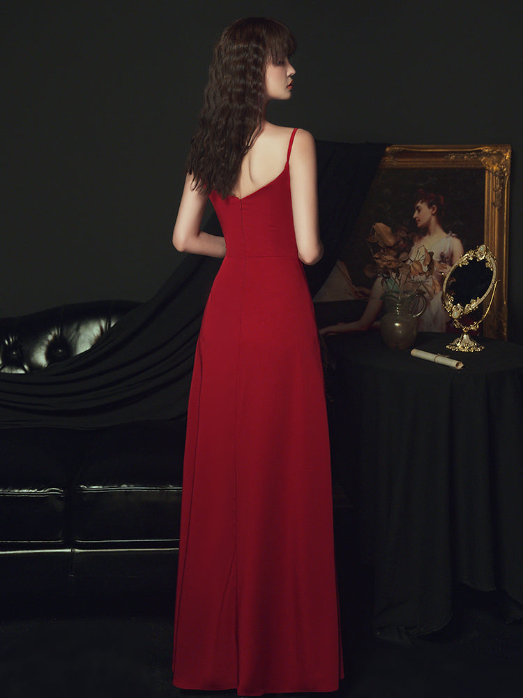 Sexy Wine Red Satin Straps Long Party Dress