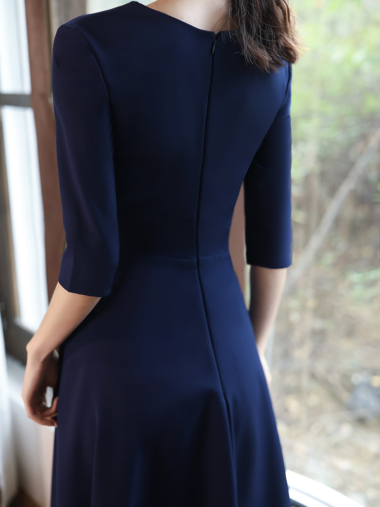 Vestidos de fiesta de boda azul marino con escote en V sencillo 