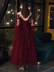 Vestido de fiesta largo de tul rojo vino con apliques de encaje 