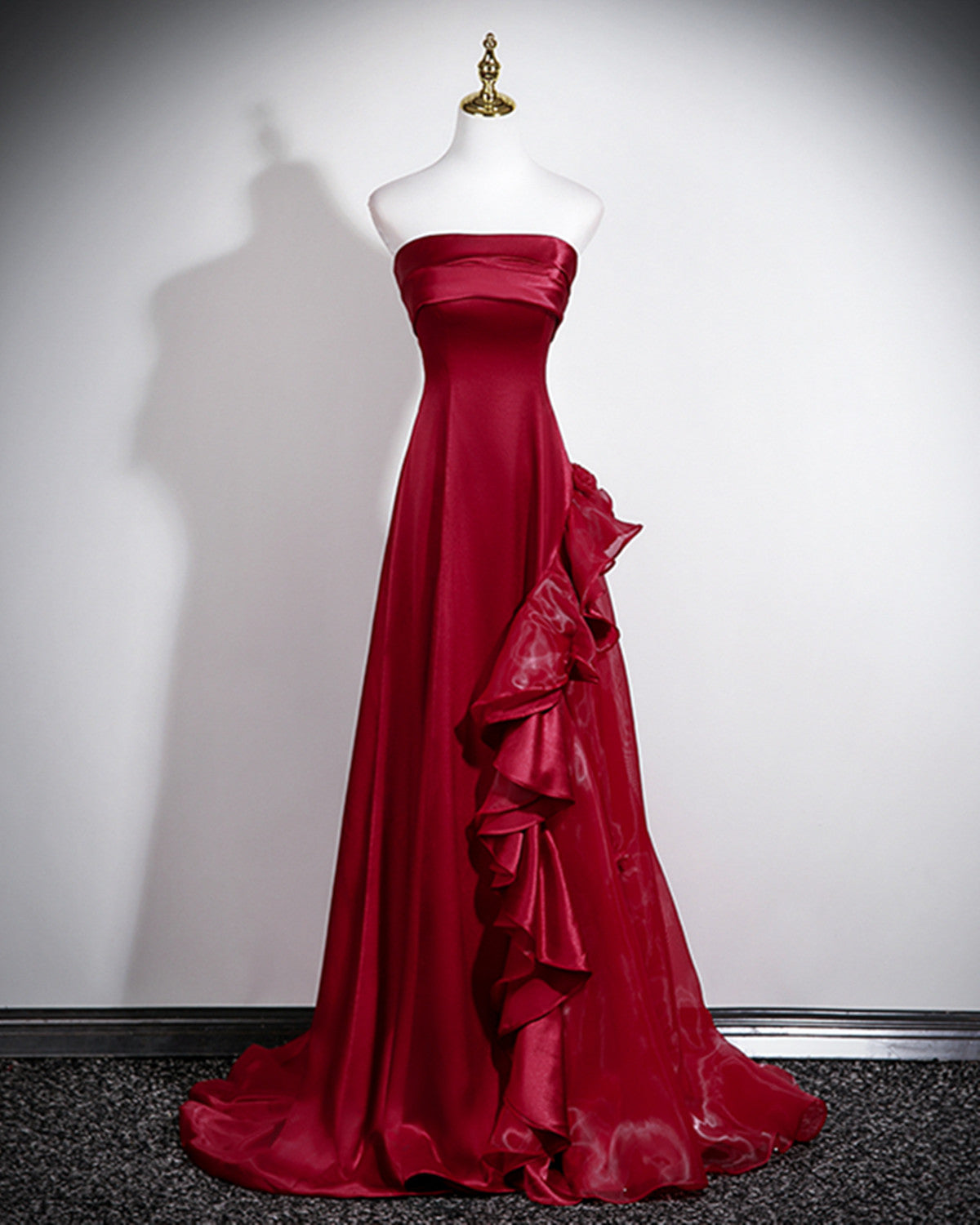 Strapless Wine Red Formal Gown With Organza Skirt