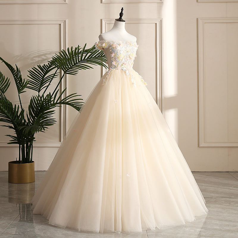 Pretty Tulle Champagne Off Shoulder  Prom Dress