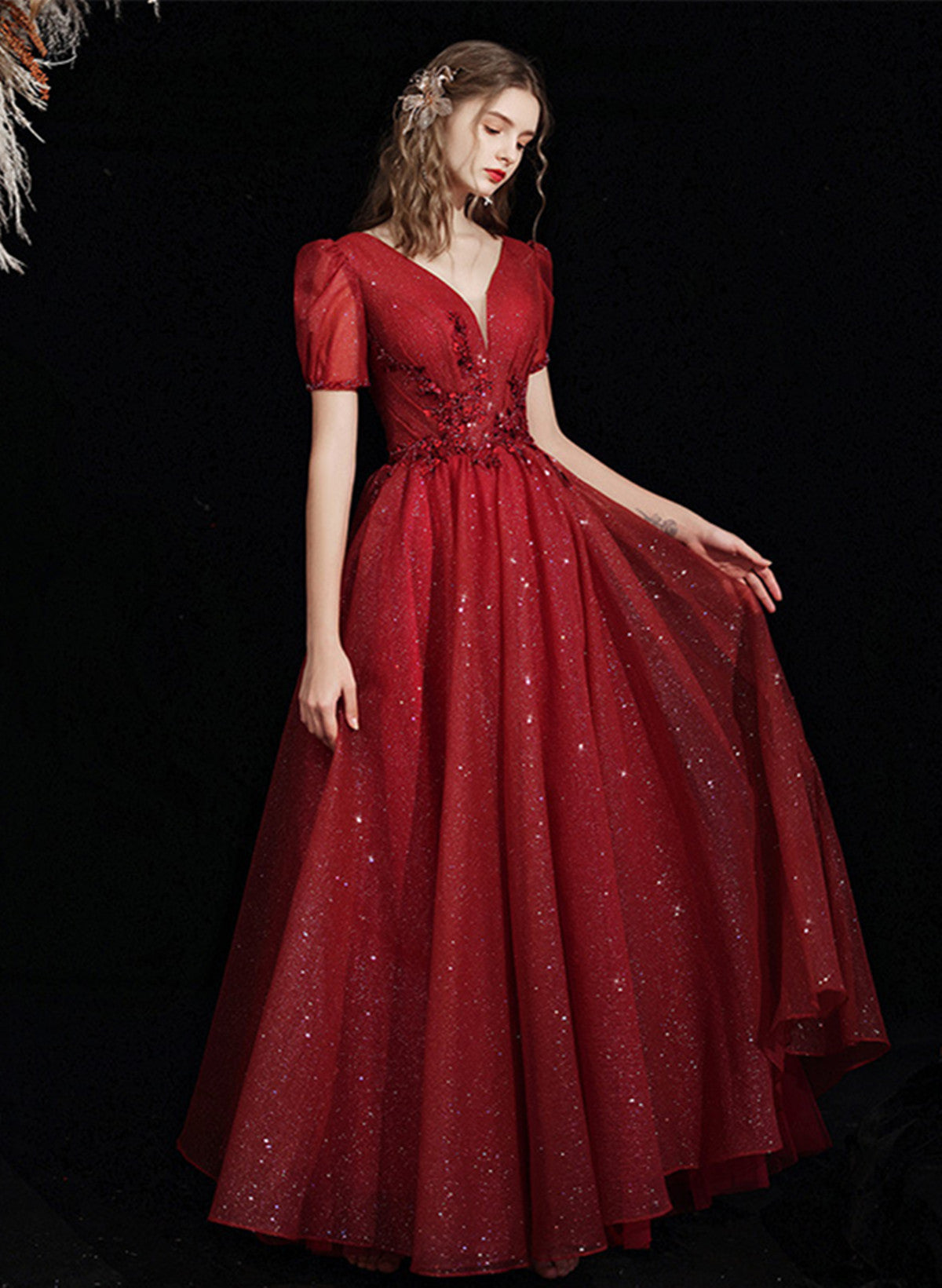 Wine Red Short Sleeves Tulle V-neckline Long Prom Dress