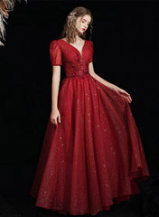 Wine Red Short Sleeves Tulle V-neckline Long Prom Dress