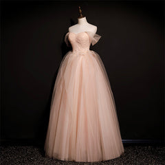 Pink Off Shoulder Beaded Tulle Long Party Dresses