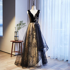 V-neckline Black Tulle with Velvet Top Long Evening Dress Party Dress