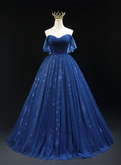 Vestido de fiesta de tul azul marino con escote en forma de A y corte en A 