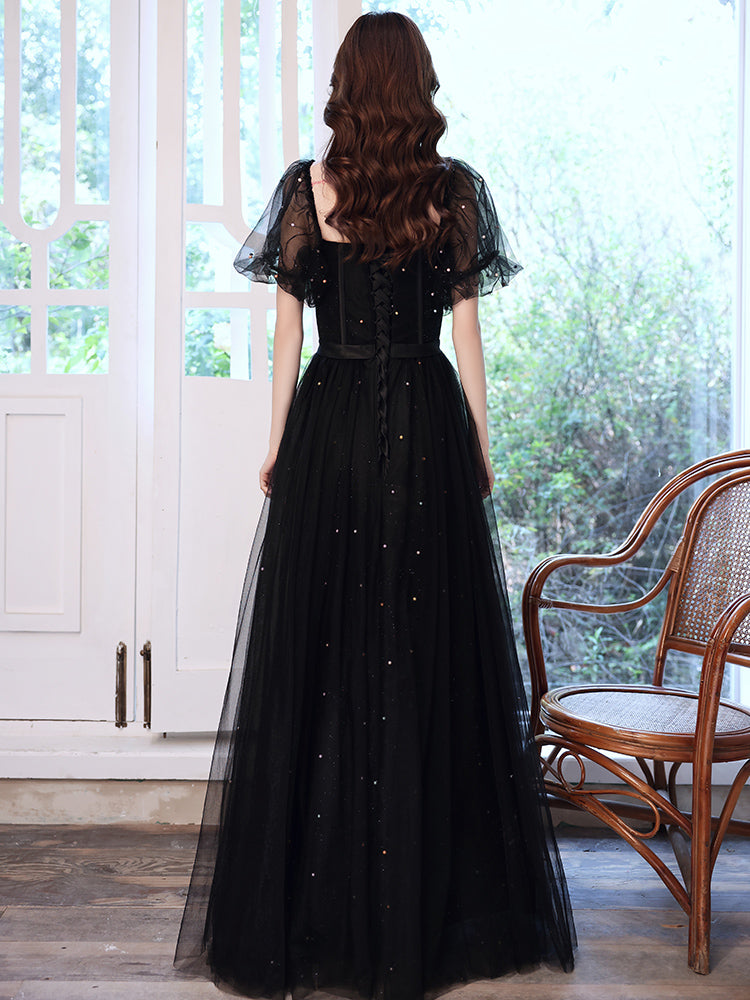 Black Off Shoulder Tulle Long Party Dress