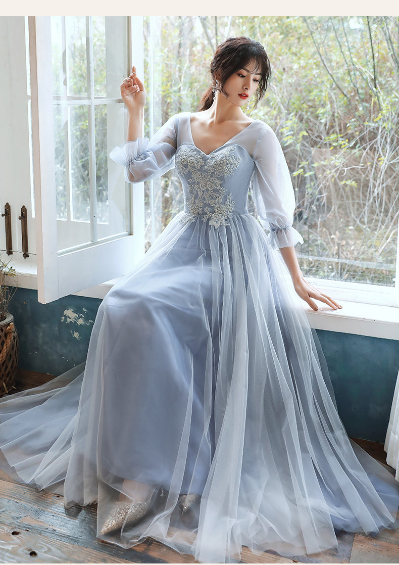 Light Blue Tulle Long Party Dress with Puffy Sleeves