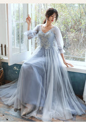 Light Blue Tulle Long Party Dress with Puffy Sleeves