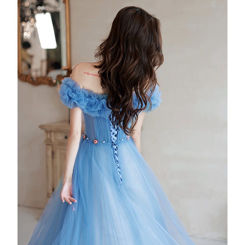 Blue Off Shoulder Beaded A-line Floor Length Party Dress