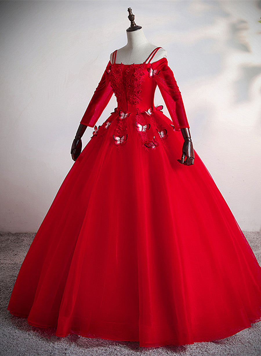 Vestido de fiesta largo con hombros descubiertos y tul rojo 