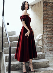 Wine Red Velvet Tea Length Off Shoulder Party Dress