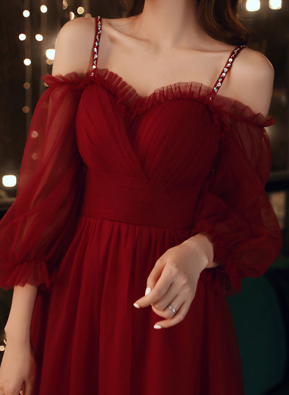 A-line Wine Red Beaded Straps Tulle Prom Dress