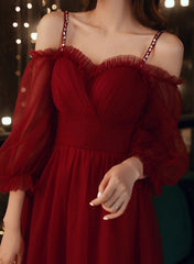 A-line Wine Red Beaded Straps Tulle Prom Dress