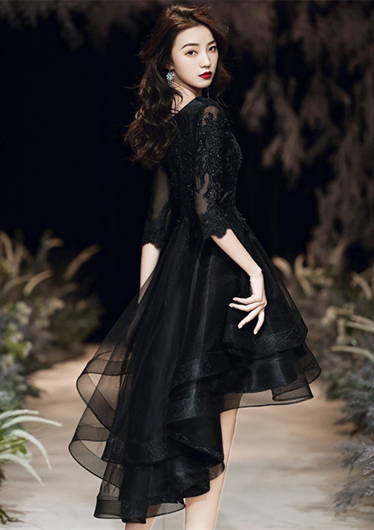 Black Tulle with Lace High Low Party Dress