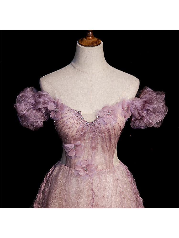 Vestido de fiesta largo de tul rosa con hombros descubiertos y flores 