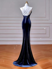 Vestido largo de fiesta de terciopelo con tirantes de sirena azul marino 