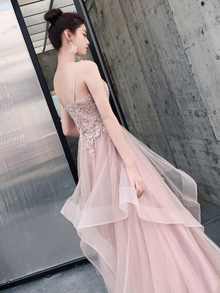 Pink Layers Tulle V-neckline Straps Prom Dress