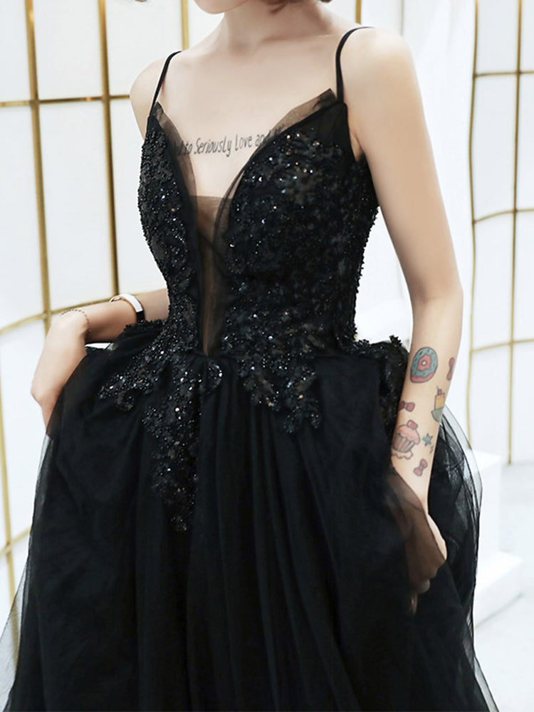 Black V-neckline Tulle with Lace Applique Long Prom Dress