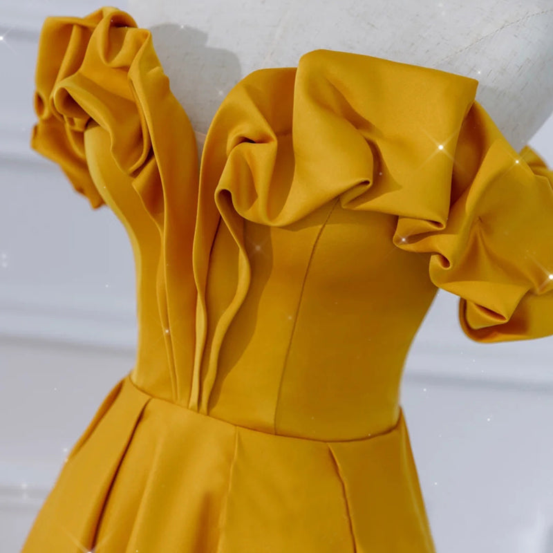 Beautiful Satin Dark Yellow Off Shoulder Party Dress