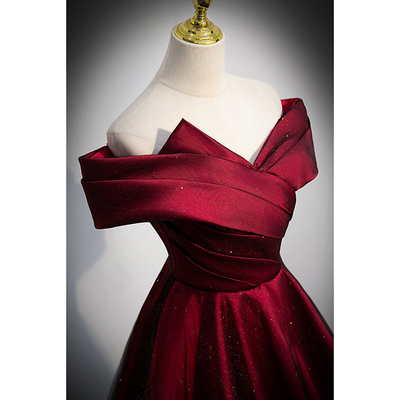 Black and Red Satin Off Shoulder Long Junior Prom Dress