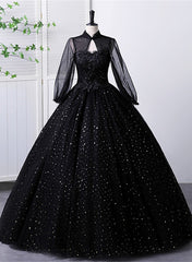 Vestido negro de tul con escote alto y mangas largas para quinceañeras 