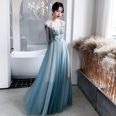 Blue Long Sleeves Tulle Party Dress with Lace Applique