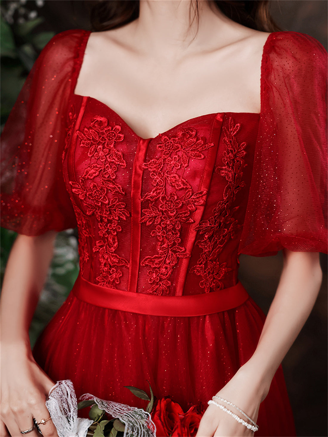 Cute Wine Red Tulle with Lace Tea Length Formal Dress
