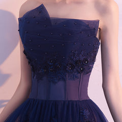 Vestido de fiesta largo de tul azul marino con encaje y cuentas, vestido de fiesta azul de corte A, vestido formal 