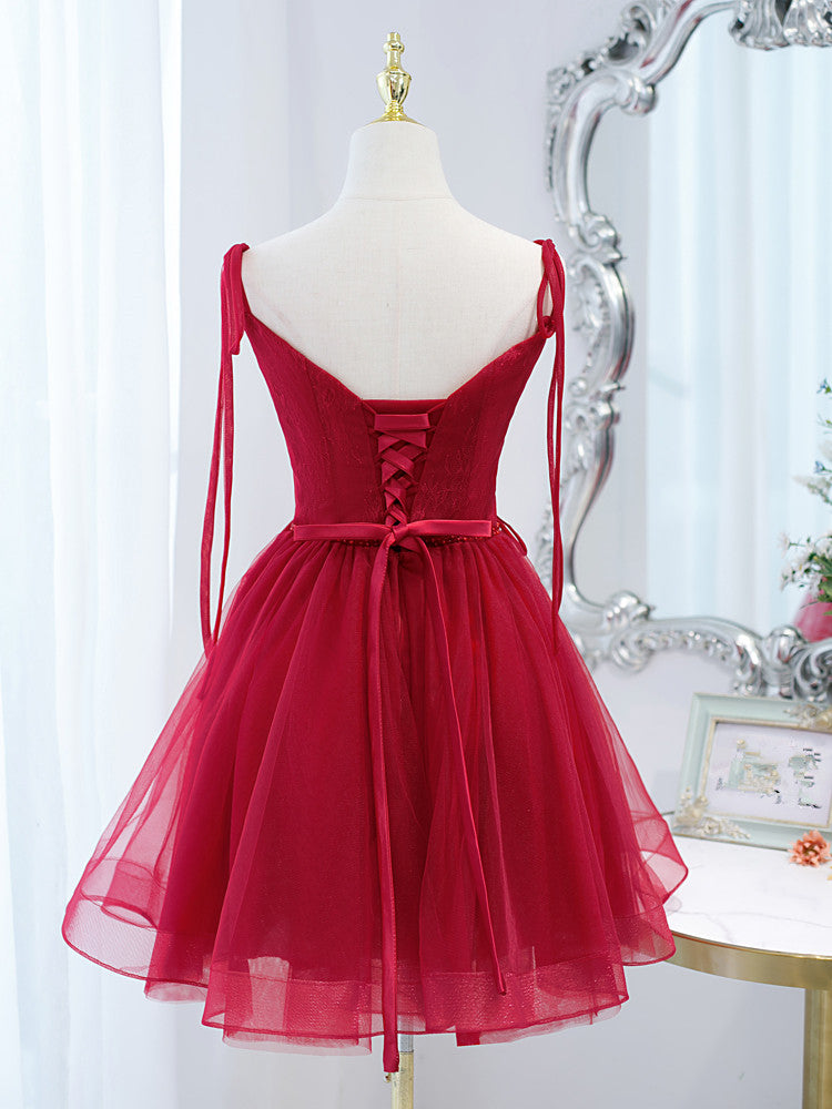 Red Straps Tulle Short Homecoming Dress Prom Dress