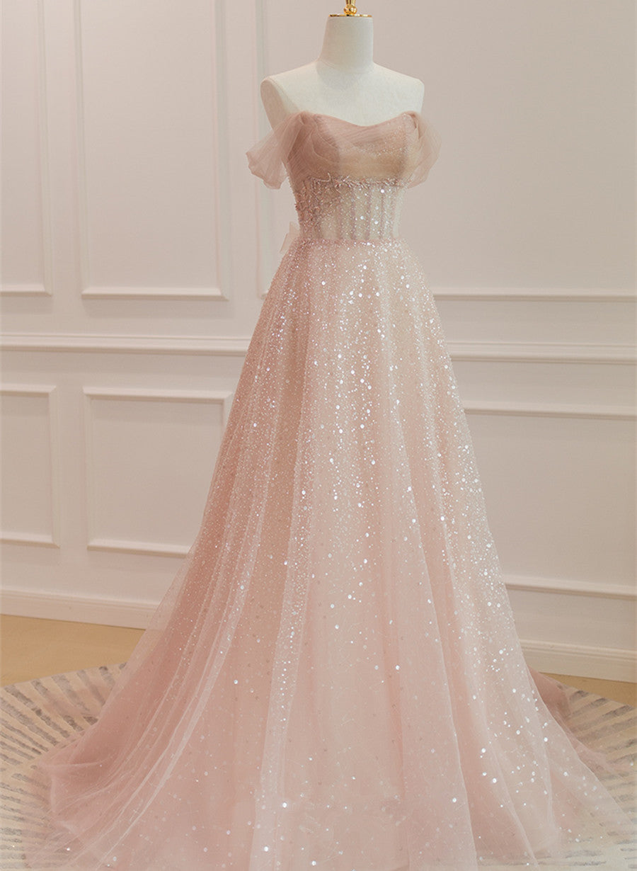 Vestido formal largo de corte A en tul rosa brillante con cuentas 