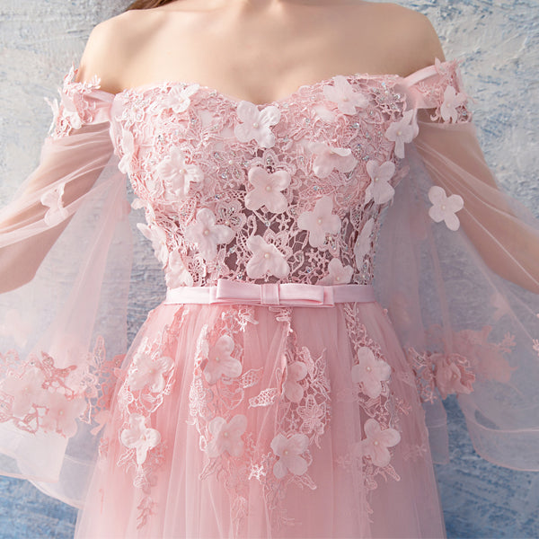 Pink Flowers and Tulle Long Puffy Sleeves Prom Dress