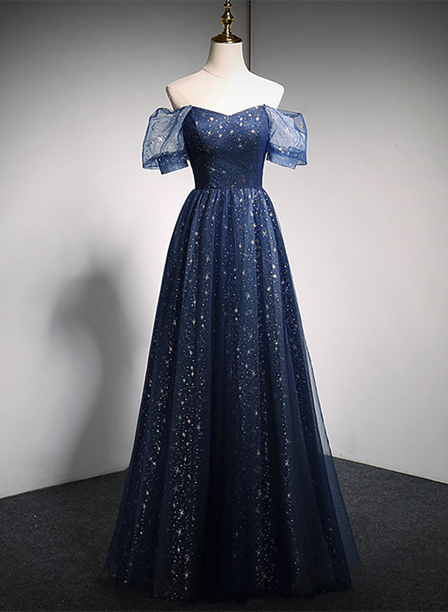 Vestido de fiesta azul marino largo con hombros descubiertos y corte A 