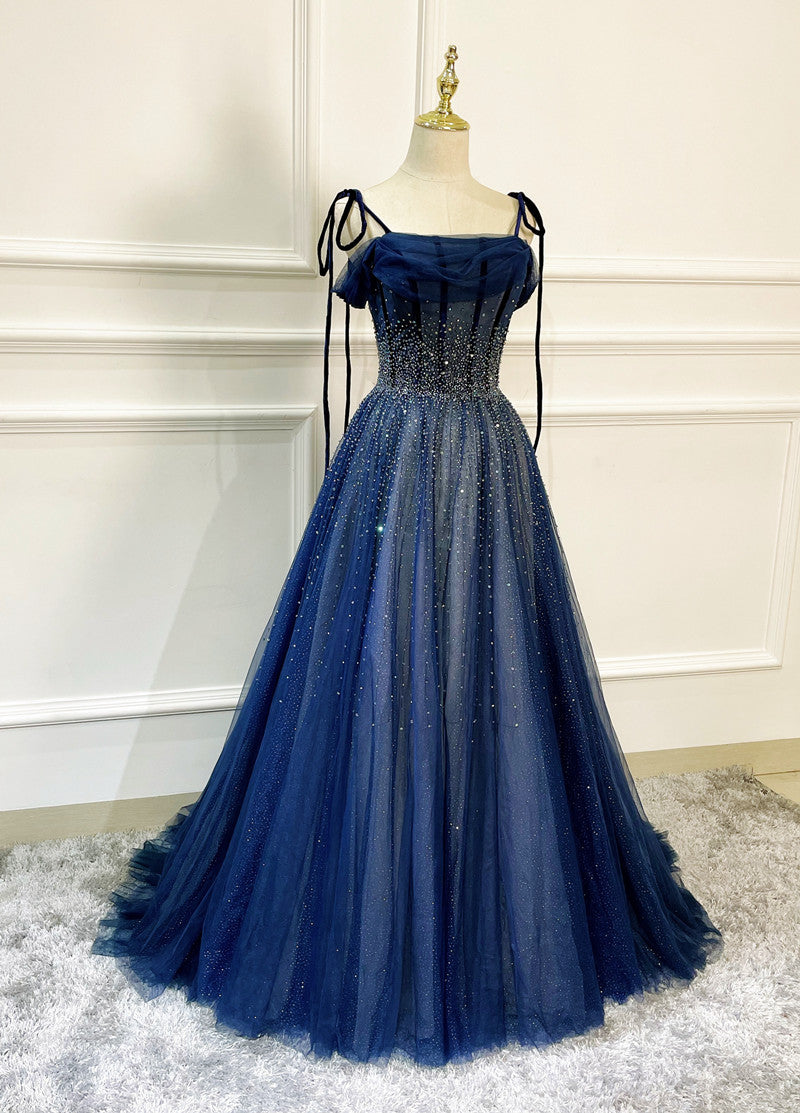 Vestidos de fiesta largos con tirantes de tul azul marino brillante 