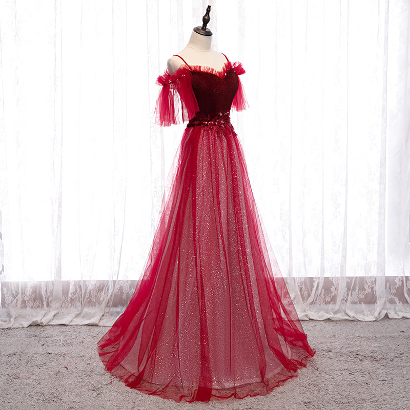 Vestido de fiesta de terciopelo y tul rojo vino con hombros descubiertos 