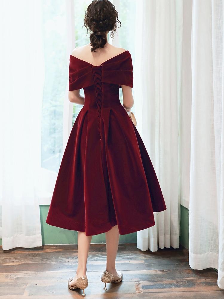 Wine Red Velvet Tea Length Homecoming Dress