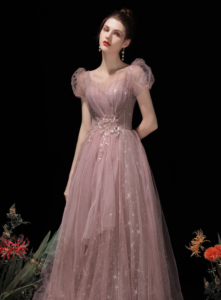 Vestido formal de tul rosa con mangas cortas y corte A hasta el suelo 