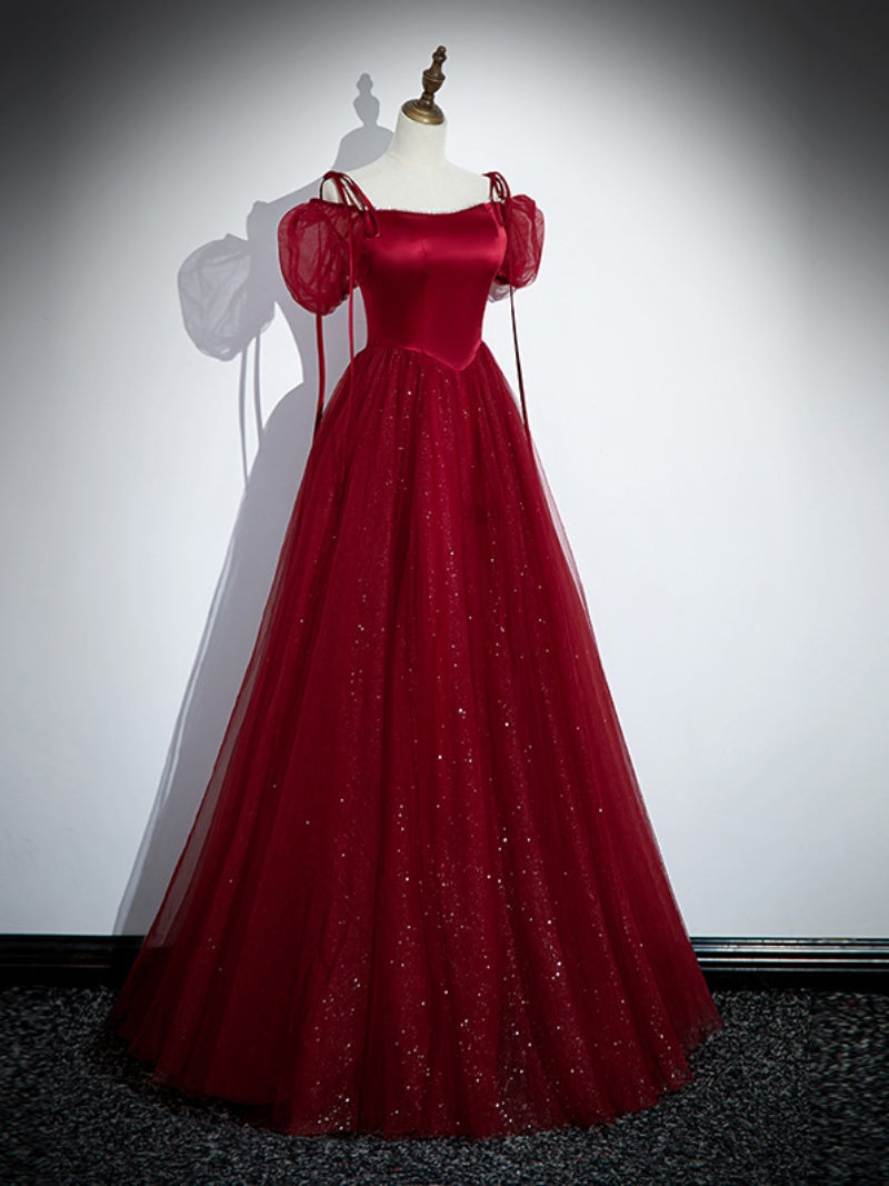Vestido de fiesta largo con tirantes de tul y satén rojo vino 
