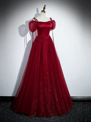 Vestido de fiesta largo con tirantes de tul y satén rojo vino 