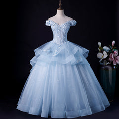 Blue Tulle Ball Gown Off Shoulder Layers Sweet 16 Dress